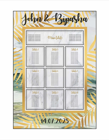 Wedding Table Plan 
A1 Board easle personalised portrait wedding stationery green gold leaf jungle marble effect