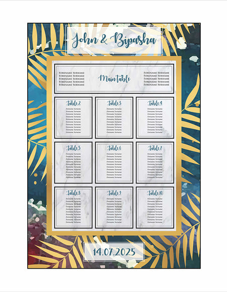 A1 personalised portrait Wedding Table Plan mounted 
on board can be placed on easle in gold leaf 
with blue and red marble effect in the background