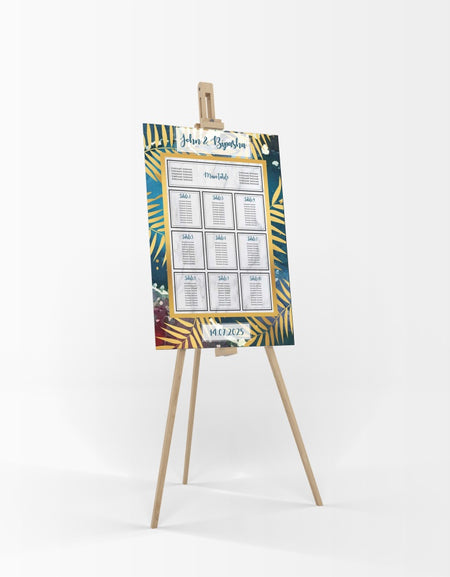 A1 personalised portrait Wedding Table Plan mounted 
on board can be placed on easle in gold leaf 
with blue and red marble effect in the background

