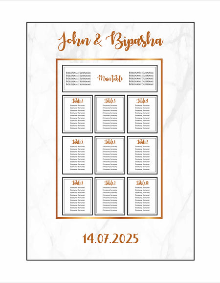 A1 personalised portrait Wedding Table Plan mounted 
on board can be placed on easle in gold leaf 
with black and white marblke effect in the background with gold and black writting