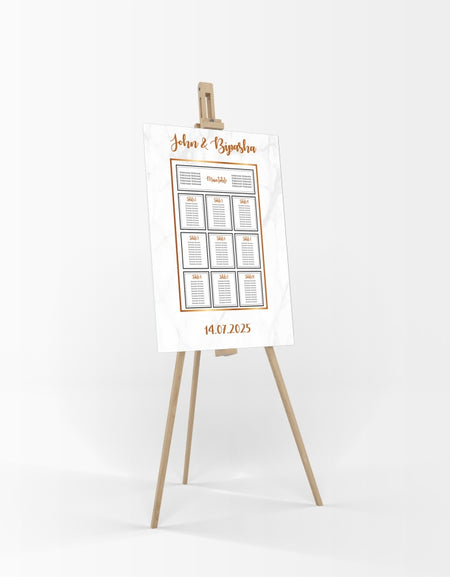 A1 personalised portrait Wedding Table Plan mounted 
on board can be placed on easle in gold leaf 
with black and white marblke effect in the background with gold and black writting
