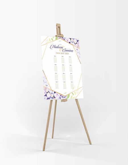 A1 personalised portrait Wedding Table Plan mounted on board can be placed 
on easel with purple & lilac flowers with green leaves and gold border