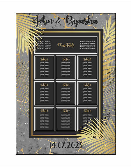 A1 personalised portrait Wedding Table Plan mounted on board can be placed on easel with black & gold marble effect with gold leaves and gold writting