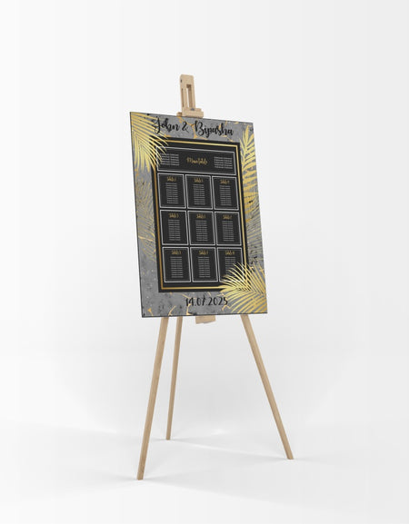 A1 personalised portrait Wedding Table Plan mounted on board can be placed on easel with black & gold marble effect with gold leaves and gold writting