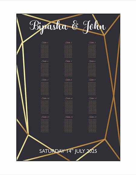 A1 personalised portrait Wedding Table Plan mounted on board can be placed on easel with black background, gold lines all around and gold writting