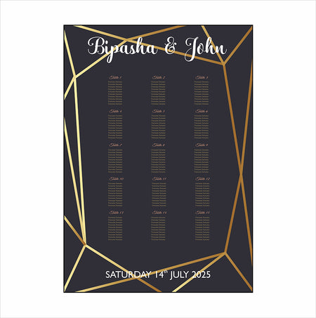 A1 personalised portrait Wedding Table Plan mounted on board can be placed on easel with black background, gold lines all around and gold writting