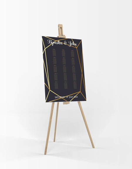 A1 personalised portrait Wedding Table Plan mounted on board can be placed on easel with black background, gold lines all around and gold writting