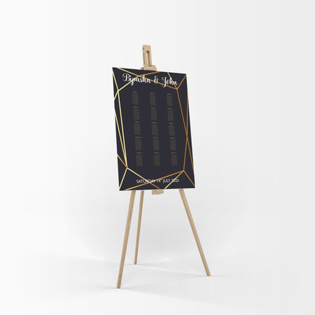 A1 personalised portrait Wedding Table Plan mounted on board can be placed on easel with black background, gold lines all around and gold writting