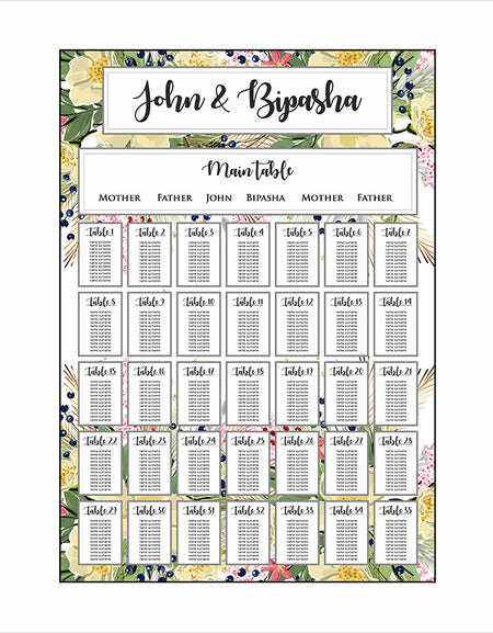 Side view of the wedding Table Plan 
A1 Board easel green yellow floral personalised portrait wedding