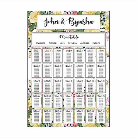 Side view of the wedding Table Plan 
A1 Board easel green yellow floral personalised portrait wedding