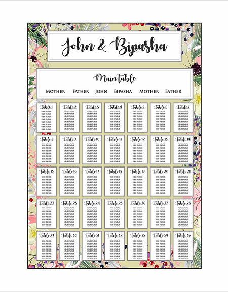 A1 personalised portrait Wedding Table Plan mounted 
on board can be placed on easel in gold leaf 
with yellow and pink floral pattern