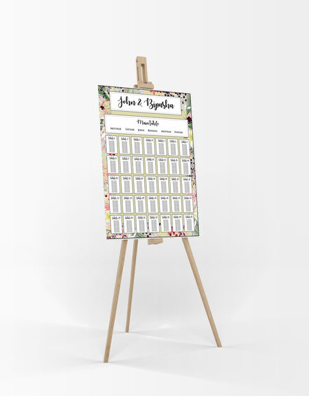 A1 personalised portrait Wedding Table Plan mounted 
on board can be placed on easel in gold leaf 
with yellow and pink floral pattern