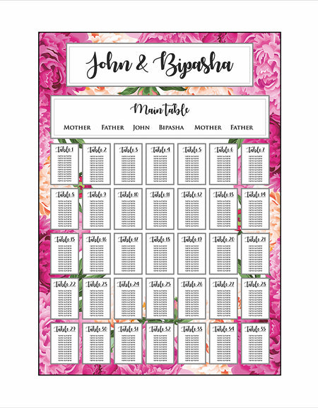 A1 personalised portrait Wedding Table Plan mounted 
on board can be placed on easel with pink and peach flowers