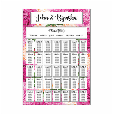 A1 personalised portrait Wedding Table Plan mounted 
on board can be placed on easel with pink and peach flowers