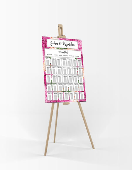 A1 personalised portrait Wedding Table Plan mounted 
on board can be placed on easel with pink and peach flowers