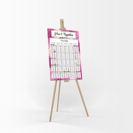 A1 personalised portrait Wedding Table Plan mounted 
on board can be placed on easel with pink and peach flowers