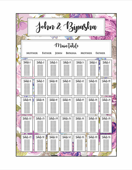 A1 personalised portrait Wedding Table Plan mounted 
on board can be placed on easel lilac and purple floral pattern