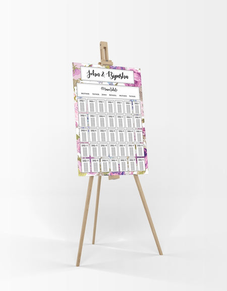 A1 personalised portrait Wedding Table Plan mounted 
on board can be placed on easel lilac and purple floral pattern