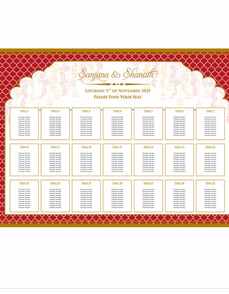 1 personalised landscape Wedding Table Plan mounted 
on board can be placed on easel 
with red & gold pattern with floral print on the top