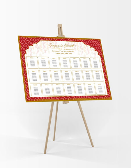 1 personalised landscape Wedding Table Plan mounted 
on board can be placed on easel 
with red & gold pattern with floral print on the top