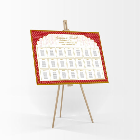 A1 personalised landscape Wedding Table Plan mounted 
on board can be placed on easel 
with red & gold pattern with floral print on the top