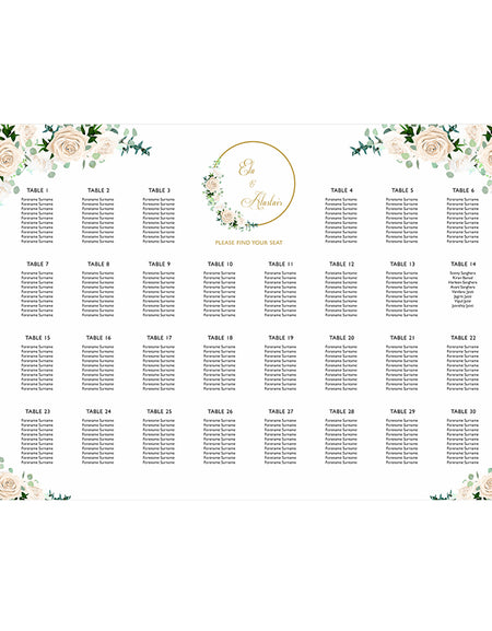 A1 personalised landscape Wedding Table Plan mounted 
on board can be placed on easel in gold leaf 
with Cream roses with leaves on the top and bottom corners of the board