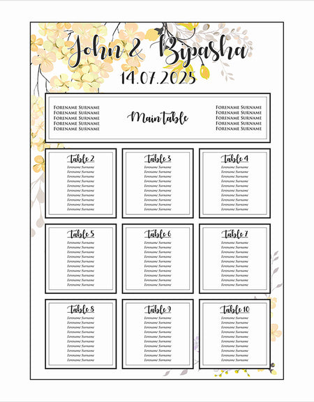 Side view of the Wedding seating Plan 
on an A1 Board easel personalised portrait wedding stationery yellow flower basic with head table plan
