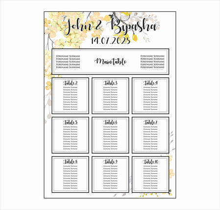 Side view of the Wedding seating Plan 
on an A1 Board easel personalised portrait wedding stationery yellow flower basic with head table plan
