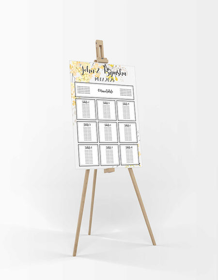 Front view of Wedding Table Plan 
A1 size Board easel personalised portrait wedding stationery yellow flower basic