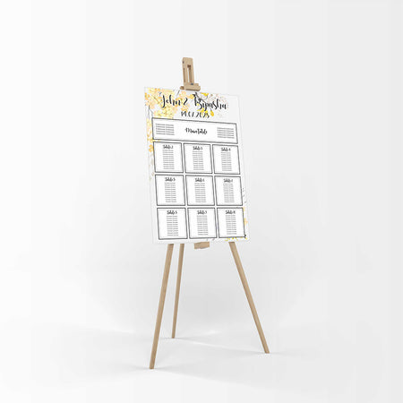 Front view of Wedding Table Plan 
A1 size Board easel personalised portrait wedding stationery yellow flower basic