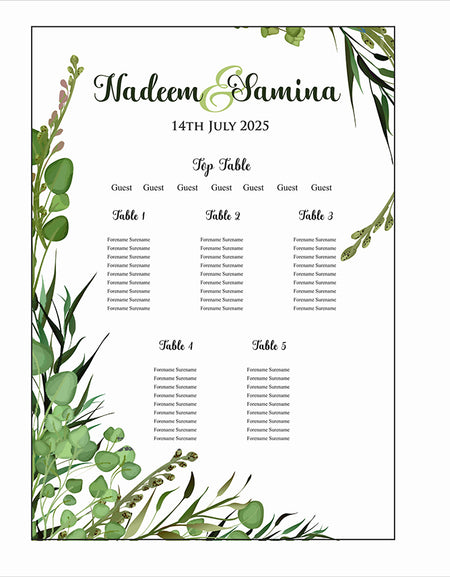 A1 personalised portrait Wedding Table Plan mounted on board can be placed 
on easel withgreen leaves at the top right and bottom left corner of the board
