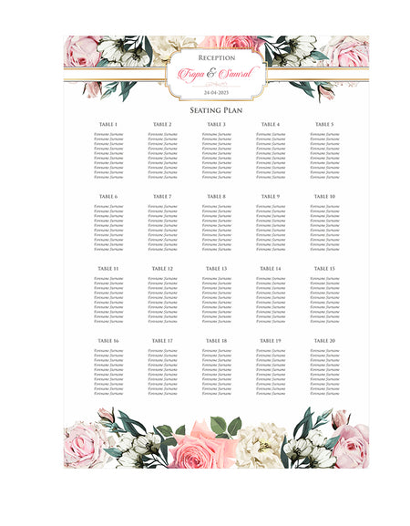 A1 personalised portrait Wedding Table Plan mounted on board can be placed 
on easel with pink and cream flowers with green leaves at the top and bottom of the board