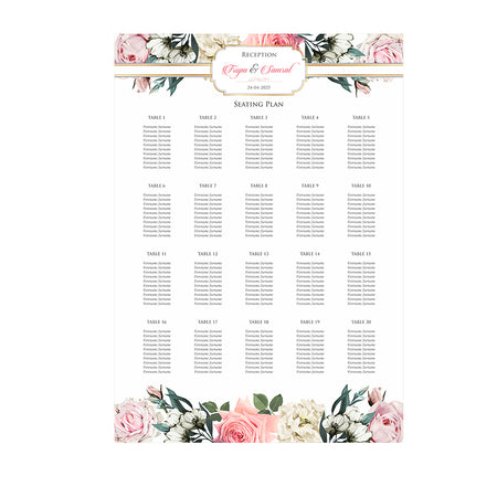 A1 personalised portrait Wedding Table Plan mounted on board can be placed 
on easel with pink and cream flowers with green leaves at the top and bottom of the board