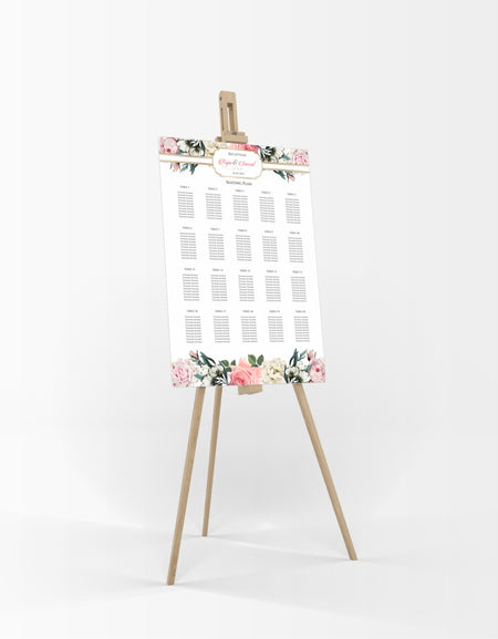 A1 personalised portrait Wedding Table Plan mounted on board can be placed 
on easel with pink and cream flowers with green leaves at the top and bottom of the board