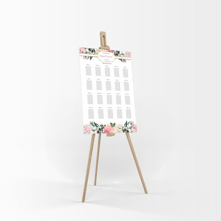 A1 personalised portrait Wedding Table Plan mounted on board can be placed 
on easel with pink and cream flowers with green leaves at the top and bottom of the board