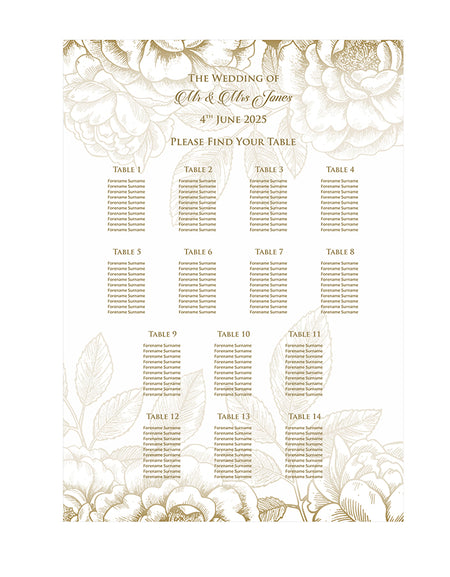 A1 personalised portrait Wedding Table Plan mounted on board can be placed 
on easel with gold floral pattern on top and bottom of the board fading towards the centre with gold writting
