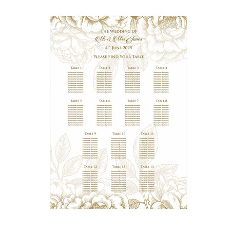 A1 personalised portrait Wedding Table Plan mounted on board can be placed 
on easel with gold floral pattern on top and bottom of the board fading towards the centre with gold writting