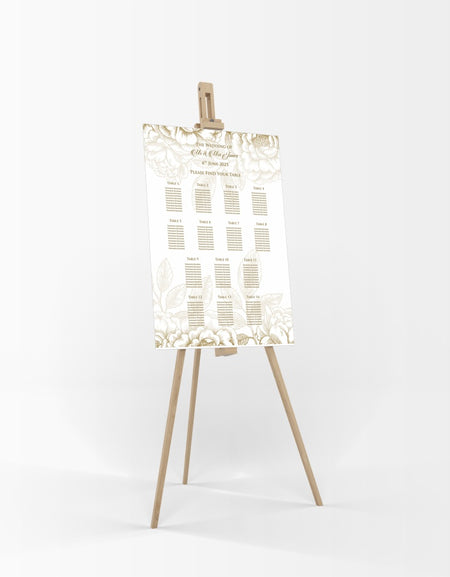 A1 personalised portrait Wedding Table Plan mounted on board can be placed 
on easel with gold floral pattern on top and bottom of the board fading towards the centre with gold writting