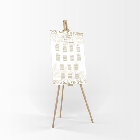 A1 personalised portrait Wedding Table Plan mounted on board can be placed 
on easel with gold floral pattern on top and bottom of the board fading towards the centre with gold writting
