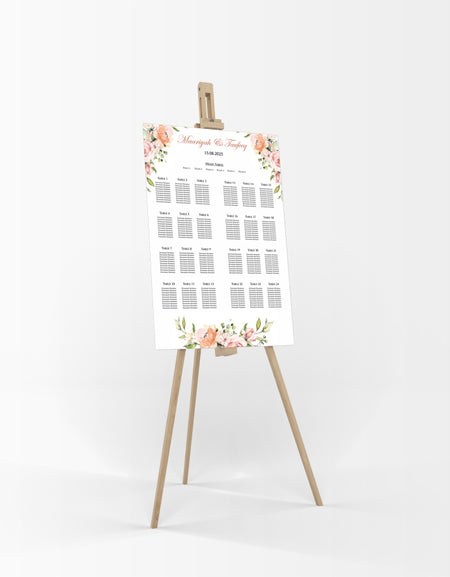 A1 personalised portrait Wedding Table Plan mounted on board can be placed 
on easel with peach and cream floral bouquet on two top corners and middle bottom with black writting
