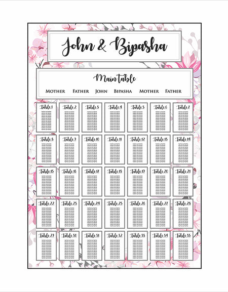 A1 personalised portrait Wedding Table Plan mounted on board can be placed 
on easel with Pink cherry blossom flowers in the background
