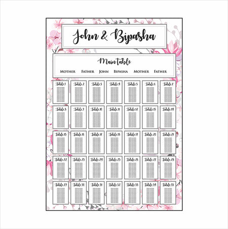 A1 personalised portrait Wedding Table Plan mounted on board can be placed 
on easel with Pink cherry blossom flowers in the background