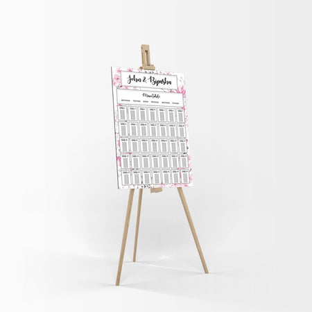 A1 personalised portrait Wedding Table Plan mounted on board can be placed 
on easel with Pink cherry blossom flowers in the background