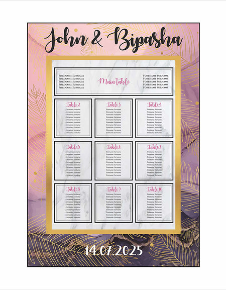 A1 personalised portrait Wedding Table Plan mounted on board can be placed 
on easel with Pink and black marble effect in the background with gold leaves