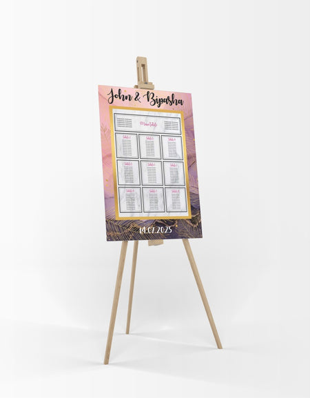 A1 personalised portrait Wedding Table Plan mounted on board can be placed 
on easel with Pink and black marble effect in the background with gold leaves