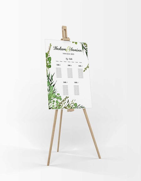 A1 personalised portrait Wedding Table Plan mounted on board can be placed 
on easel withgreen leaves at the top right and bottom left corner of the board