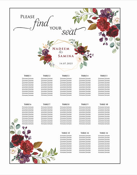 A1 personalised portrait Wedding Table Plan mounted on board can be placed 
on easel with maroon flower bouquet in two corners