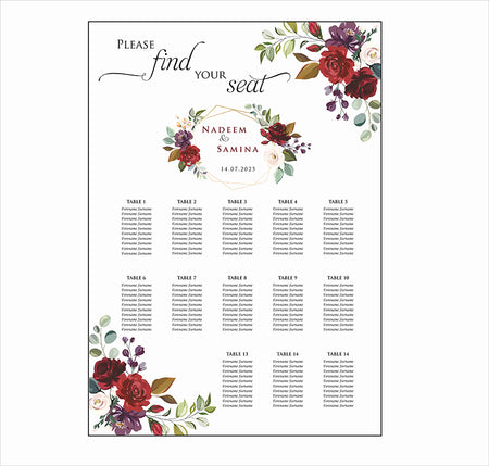 A1 personalised portrait Wedding Table Plan mounted on board can be placed 
on easel with maroon flower bouquet in two corners
