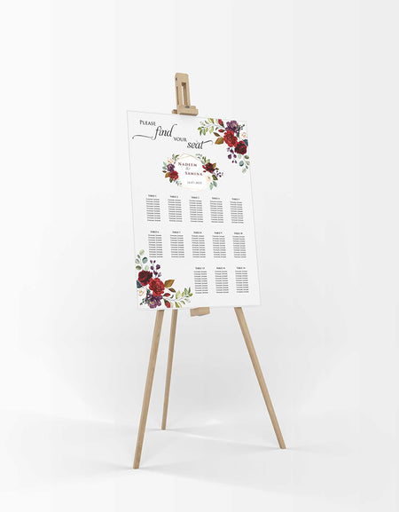 A1 personalised portrait Wedding Table Plan mounted on board can be placed 
on easel with maroon flower bouquet in two corners

