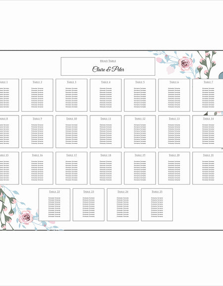 A1 personalised landscape Wedding Table Plan mounted 
on board can be placed on easel in gold leaf 
with light blue and pink flower bouquet in top right and bottom left corner